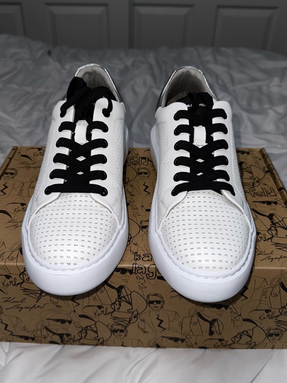Karl Lagerfeld White Perforated Sneakers with Black Laces